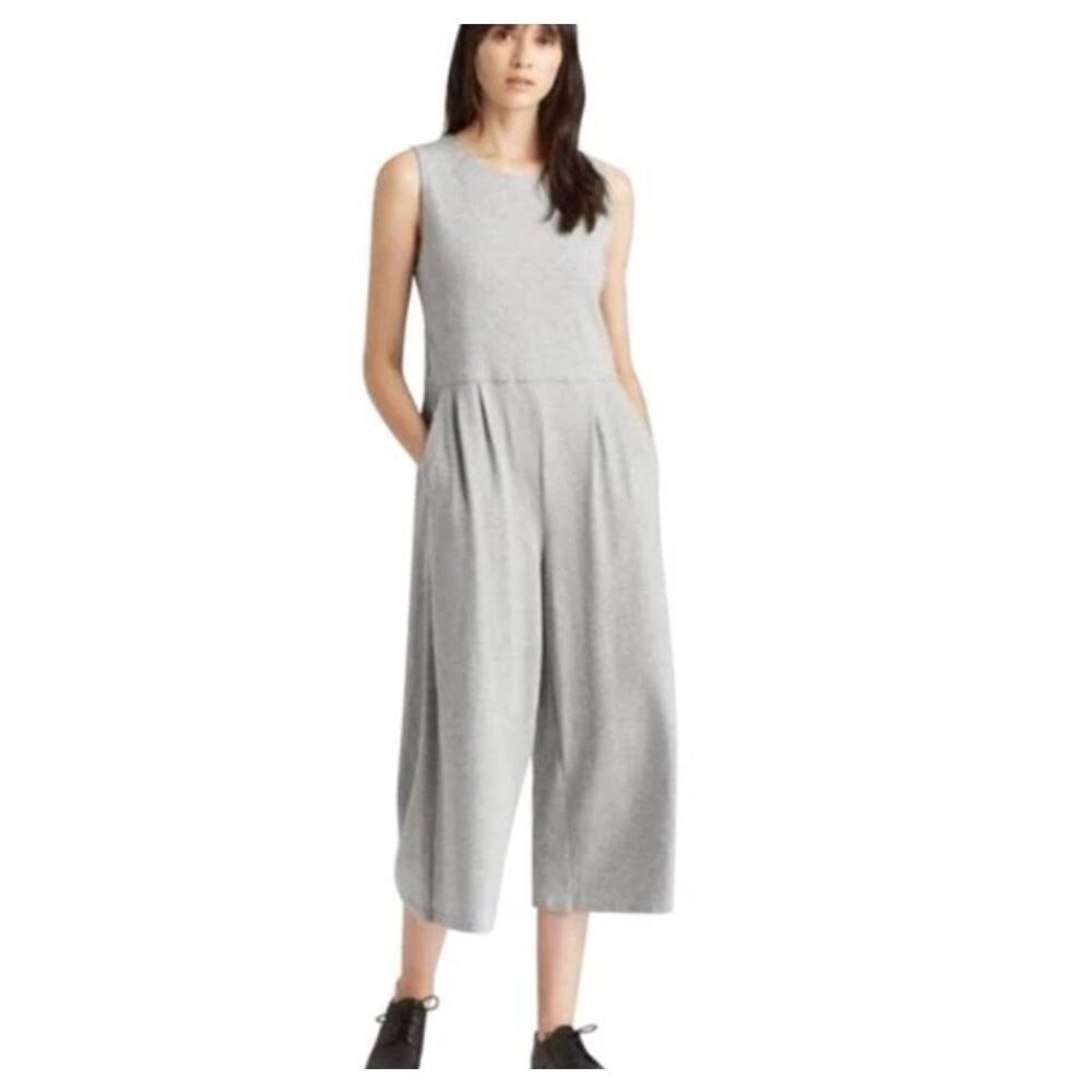 Eileen Fisher Speckled Y2K Wide Leg Cotton Jumpsuit in Moon Gray SZ XL #2462